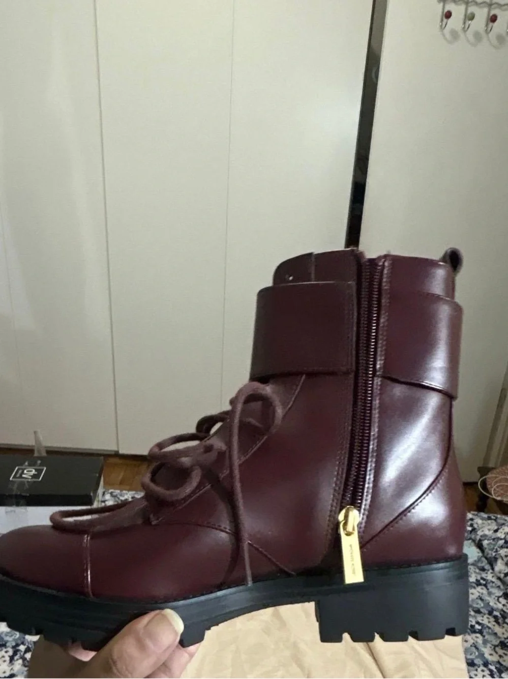 Michael Kors Maroon Leather Lace-Up Combat Boots with Gold MK Emblem
